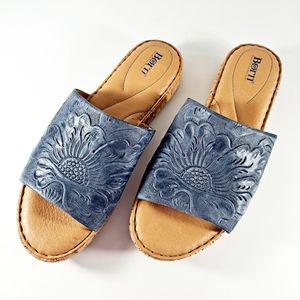 Born Blue Leather Floral Slides Flat Sandals